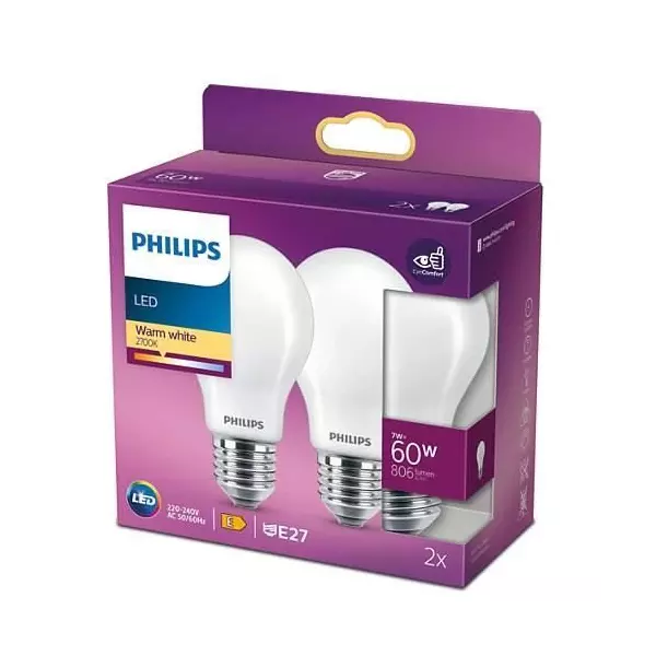 PHILIPS LED Classic 60W Standard E27 Blanc Chaud Non Dimmable Lot de 2