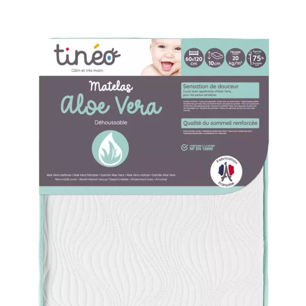 Matelas bébé 60x120x10cm Aloe vera - Peau Sensible - Propriétés Anti Bactériennes/Allergenes - Apaisant - Fabriqué En Fran