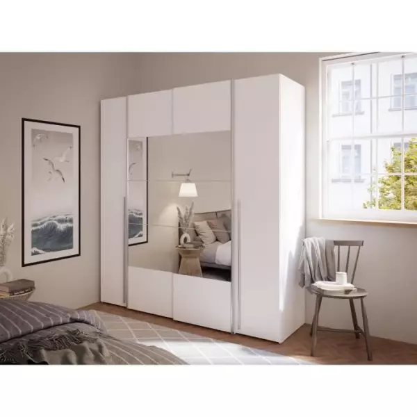 Armoire NARAGO - Décor Blanc mat - 2 portes coulissantes + miroir + 2 portes battantes + 2 penderies - L200 x P61 x H210 cm