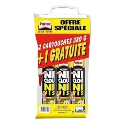 PATTEX Ni clou ni vis Fix Idéal Bois- Lot de 2 cartouches 380g + 1 gr