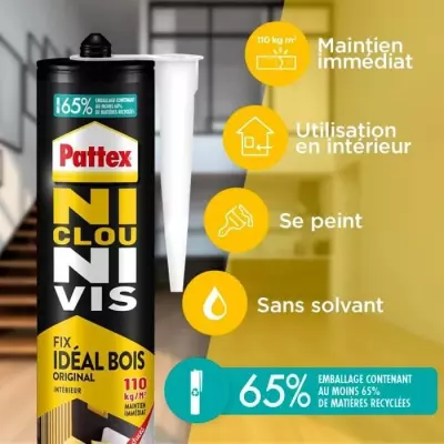 PATTEX Ni clou ni vis Fix Idéal Bois- Lot de 2 cartouches 380g + 1 gr