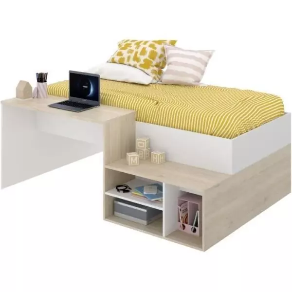 Lit combiné enfant KRIC - Chene naturel et blanc - Bureau et rangement - 90x190 cm