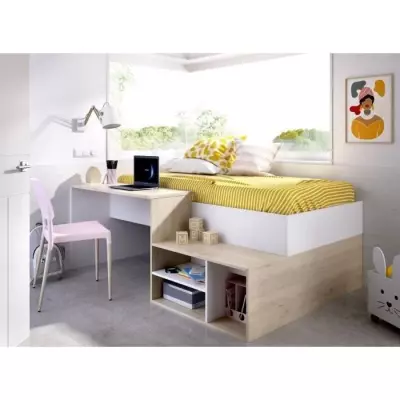 Lit combiné enfant KRIC - Chene naturel et blanc - Bureau et rangemen