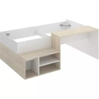 Lit combiné enfant KRIC - Chene naturel et blanc - Bureau et rangemen