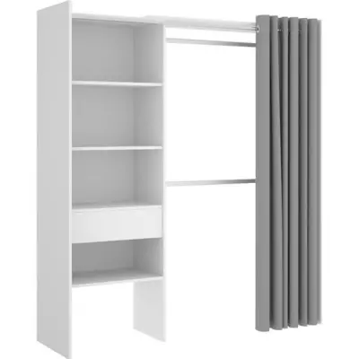 Dressing extensible avec rideau + 1 tiroir - Décor Blanc - L 160-113