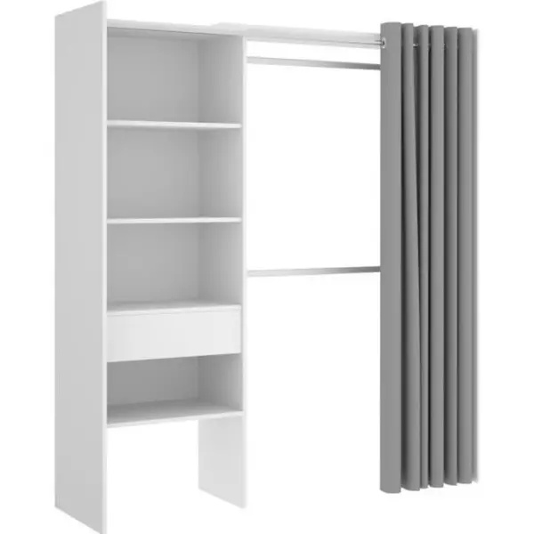 Dressing extensible avec rideau + 1 tiroir - Décor Blanc - L 160-113 x P 50 x H 205 cm - SUIT