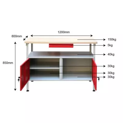 Établi a double porte DEFITEC - Rouge/Blanc - Pieds réglables - 1 ti