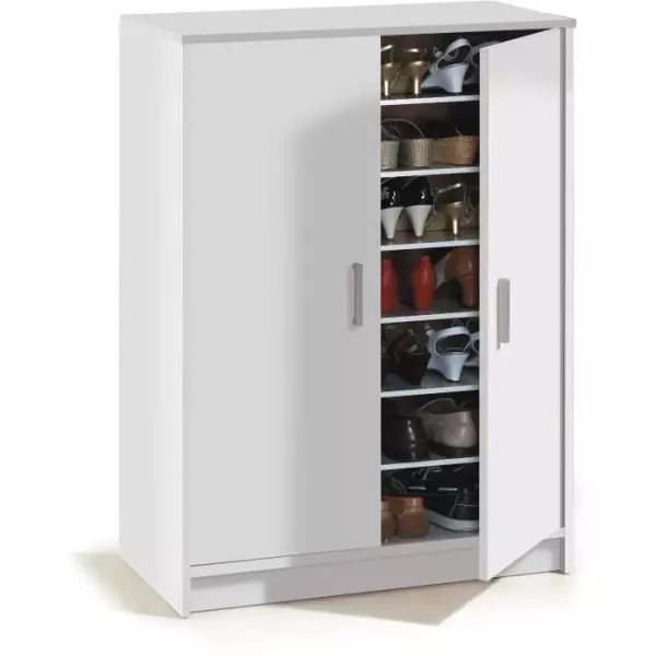 Meuble a chaussures armoire BASIC - 2 portes + 6 étageres - Mélaminé blanc - 30 paires - L75 x P36 x H101 cm