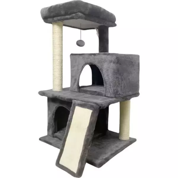 FLOPI Arbre a chat gris foncé- 44,5 x 48 x 86 cm - Gris foncé - 1 plateforme, 1 balle de jeu, 2 niches, 1 rampe