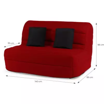 Banquette BZ DUNLOPILLO - Tissu Rouge - 140x190cm - 2 coussins noir