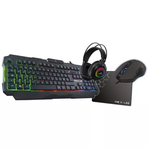 Pack Gamer 4 en 1 - The G-Lab - COMBO ACTINIUM - Souris Filaire - Clavier Filaire - Casque Sans Fil - Tapis de Souris