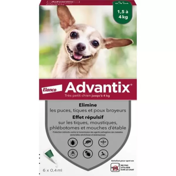 ADVANTIX Chien Solution Antiparasitaire Tres Petite Race 1,5 a 4kg 6 pipettes