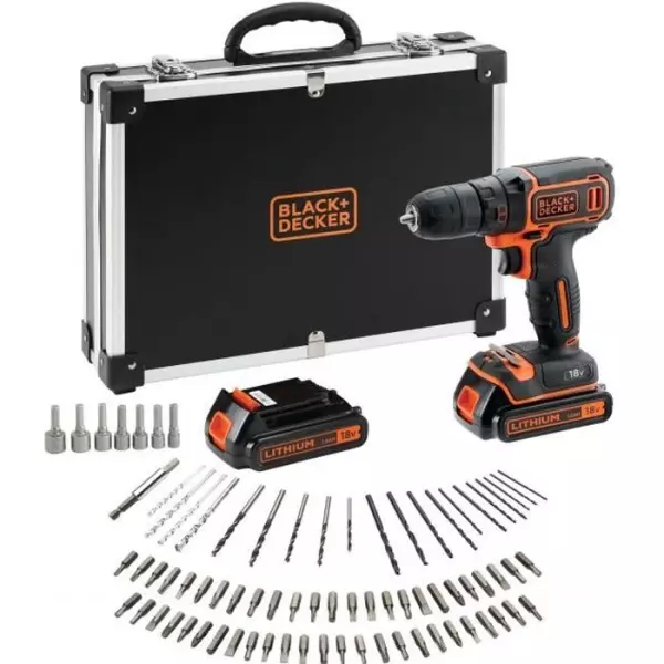 BLACK+DECKER Perceuse Visseuse Sans Fil 18 V Li-Ion avec Chargeur BDCDC18BAFC-QW avec 80 Accessoires, 2 Batteries 1,5 Ah, 1 Coff