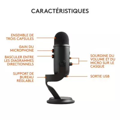 Microphone Blue Microphones USB Yeti Noir, Plug & Play sur PC et Mac