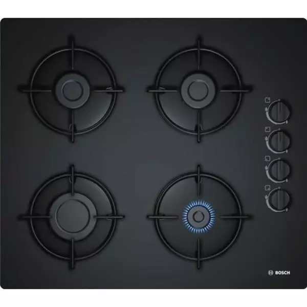 BOSCH POP6B6B10 Plaque de cuisson gaz - 4 foyers - 7400W - L56 x P48cm - Revetement verre trempé - Noir