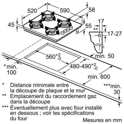 BOSCH POP6B6B10 Plaque de cuisson gaz - 4 foyers - 7400W - L56 x P48cm