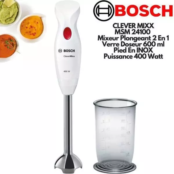 Mixeur plongeant CleverMixx MSM24100 - BOSCH - 400W - Pied détachable inox - 1 vitesse - Bol mixeur - Blanc