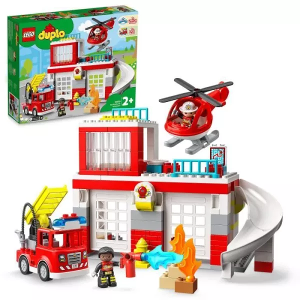 LEGO 10970 DUPLO La Caserne Et L'Hélicoptere des Pompiers, Jouet de Camion, Motricité, Grandes Briques, Cadeau Enfants Des 2 A