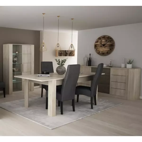 DEMEYERE Ensemble Séjour Table a manger 170 cm + Enfilade 2 portes + Vitrine 1 porte vitrée - Décor Chene/Béton clair - ANTI