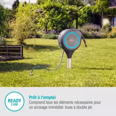 Dévidoir automatique sur pic RollUp S 15 m - GARDENA - Liseret bleu -