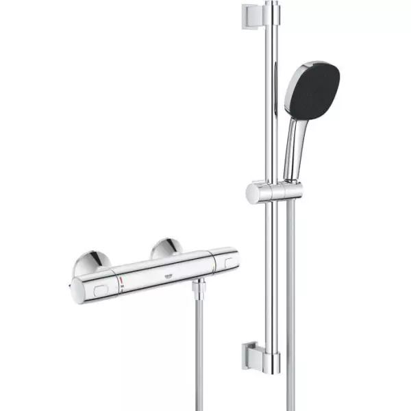 Ensemble de douche avec mitigeur thermostatique, pommeau 3 jets, barre 60cm et flexible - GROHE 34237003 - Economie d'eau - Chro