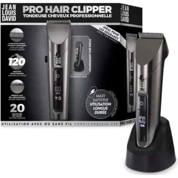 Tondeuse a cheveux - JEAN LOUIS DAVID - Pro Hair Clipper - 20 hauteurs de coupe - Batterie Lithium Ion