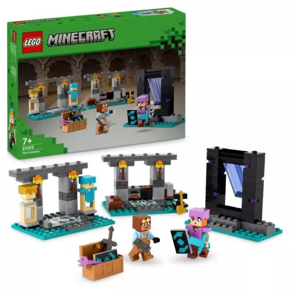 LEGO 21252 Minecraft L'Armurerie, Jouet avec Forge d'Armes avec Personnages de Jeu Vidéo, Alex Minifigurine