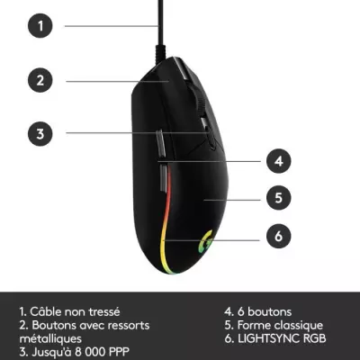 Souris gamer - Filaire - Logitech G - G203 - Lightsync - RGB - USB - N