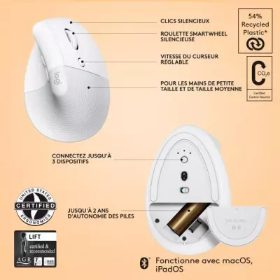 Souris Logitech Lift pour Mac Souris Ergonomique Verticale sans Fil, B