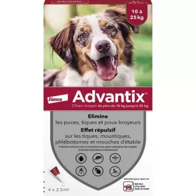 ADVANTIX Chien Solution Antiparasitaire Race Moyenne 10 a 25kg 4 pipet