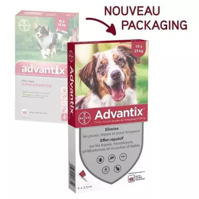 ADVANTIX Chien Solution Antiparasitaire Race Moyenne 10 a 25kg 4 pipet