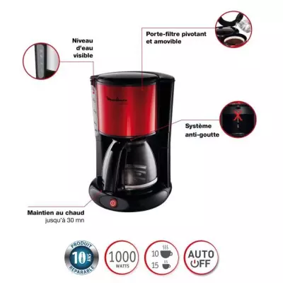 MOULINEX Subito Cafetiere filtre Rouge, 1,25L, 10-15 tasses, Porte-fil