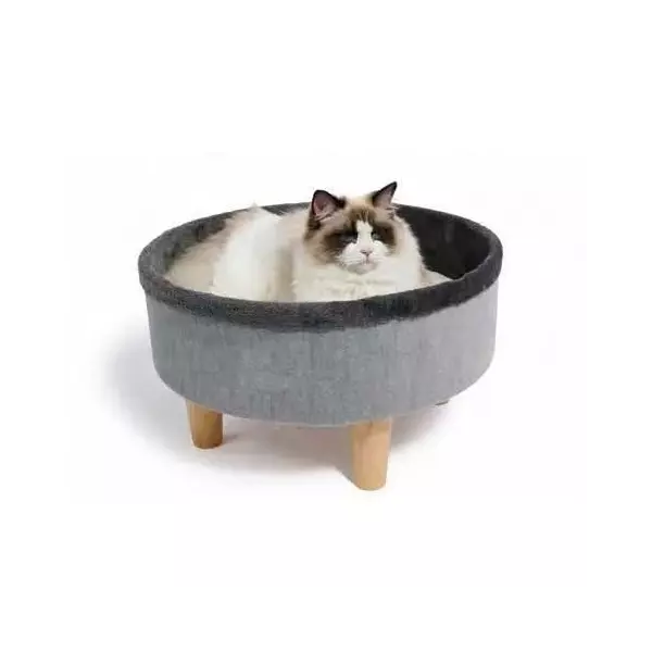 Lit rond surélevé - M PETS - ROUND - Gris - 47 x 47 x 26 cm - Pied en bois - Coussin doux