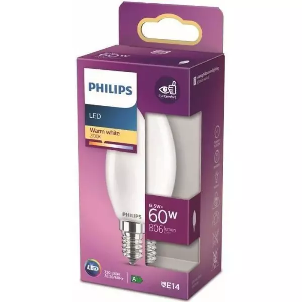 Ampoule LED - PHILIPS - Non dimmable - E14 - 60W - Blanc Chaud