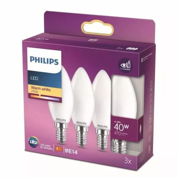 Ampoules LED PHILIPS - Pack de 3 - E27 40W - Blanc chaud - Classe F