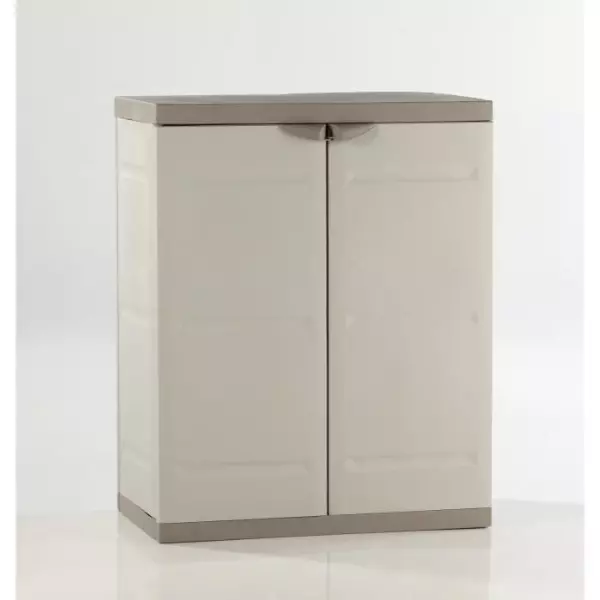 TITANIUM PLASTIKEN Armoire basse 2 portes avec étageres l70 x p44 x h88 cm Beige et Taupe Gamme TITANIUM Intérieur/Extérieur