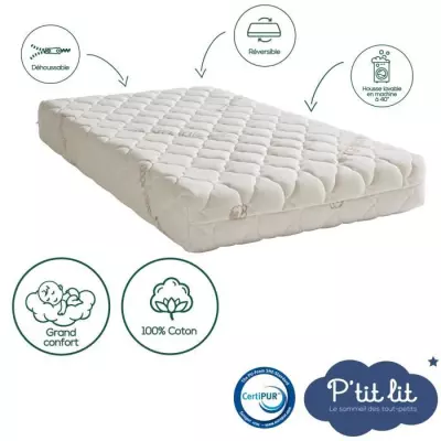 Matelas Bébé Coton Bio - 60x120x10 cm - 100% Coton - Déhoussable -