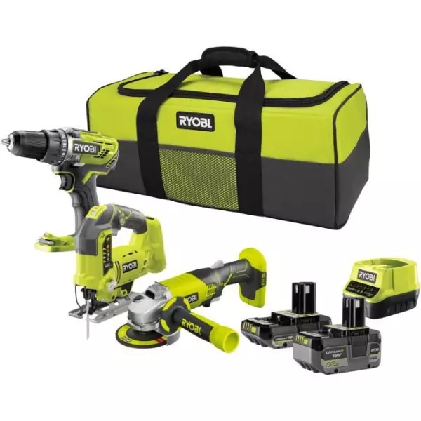 RYOBI 3 outils : 1 perceuse-visseuse R18DD3 + 1 meuleuse 115 mm + 1 scie sauteuse + 2 batteries 4 Ah & 2 Ah + 1 chargeur & 1 sac