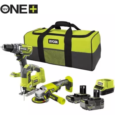 RYOBI 3 outils : 1 perceuse-visseuse R18DD3 + 1 meuleuse 115 mm + 1 sc