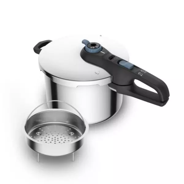 TEFAL Cocotte-minute inox, Autocuiseur 6 L, Induction, Programmes légumes et viande, 5 points de sécurité, Secure Trendy P258