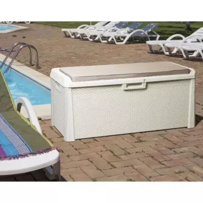 Banc coffre de jardin SANTORINI PLUS - Résine - Capacité 550L - Blan