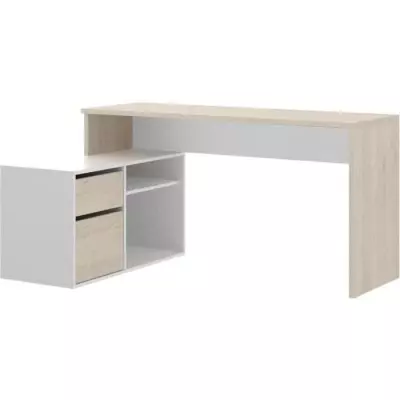 Bureau d'angle réversible avec rangement - Décor chene et blanc - Es