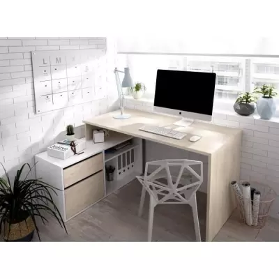 Bureau d'angle réversible avec rangement - Décor chene et blanc - Es