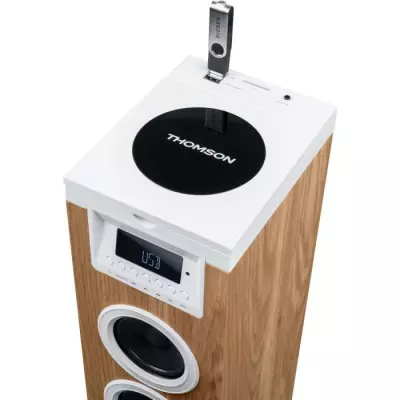 Tour haut-parleur - THOMSON - Bluetooth/CD/USB/SD - Blanc/Bois - 60W -