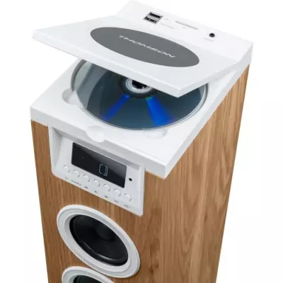 Tour haut-parleur - THOMSON - Bluetooth/CD/USB/SD - Blanc/Bois - 60W -