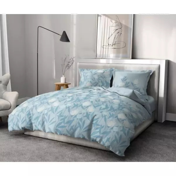 Parure de couette HOME LINGE PASSION Tempete Florale - 3 Pcs - 240 x 260 - 100% Coton 57 Fils - Bleu