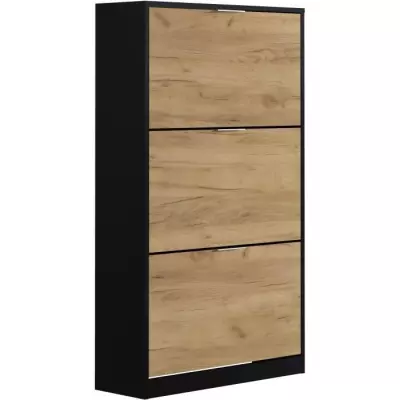 Meuble a chaussure 3 portes - Décor chene et noir - 75x25x128 cm - Le