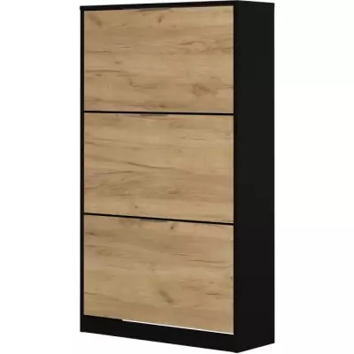 Meuble a chaussure 3 portes - Décor chene et noir - 75x25x128 cm - Le