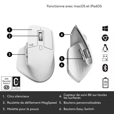 Souris - Sans fil - Logitech - MX Master 3S - Gris pâle