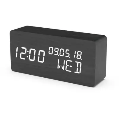 Réveil 4 en 1 - EVOOM - WOOD - Noir - Horloge, Thermometre, Calendrie